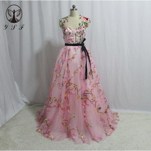 New Arrival Pink Juliet Neck Lace Floor Length Sashes Lace Print Flowers Fairy Prom Dresses 2019