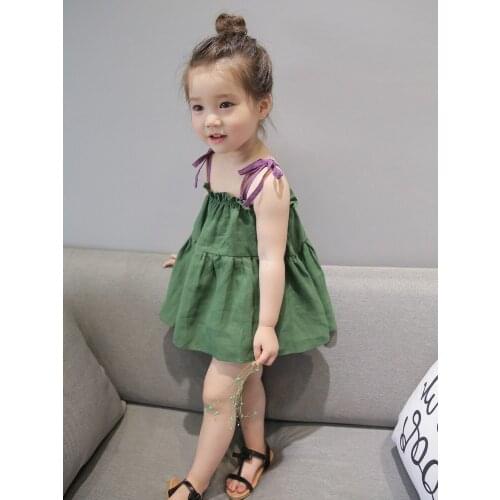 Cute Girls Cotton Green Purple Dress Clothing Fashion Kids Summer 2T-6T Sleeveless Casual Ruffles Party Dress SA1328
