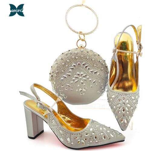 New Arrival Winter Silver Color Italian design Women Shoes and Bag Set African Matching Shoes and Bag for Royal Party
