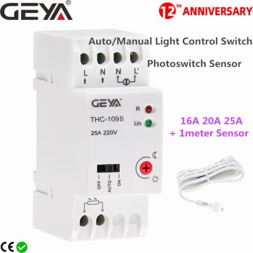 GEYA NEW Auto or Manual On Off Photocell Light Controller Switch with Sensor 16A 20A 25A AC220V Din rail Smart Switch