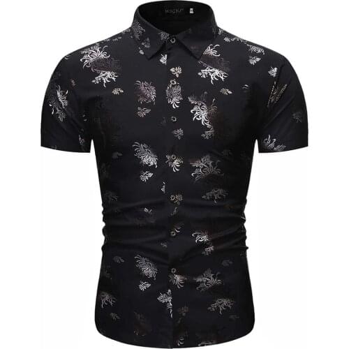 Mens new summer vacation leisure flower fashion business personality slim printed short-sleeved shirt European size XXL