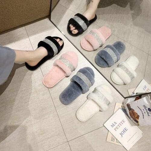 Winter Fluffy Slippers Home Women Luxury Furry Slides Ladies Designer Crystal Female Faux Fur Flat Shoes House 2020 New Arrival