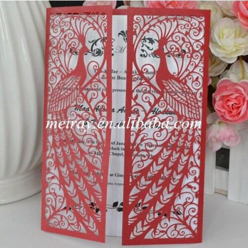 Pearl paper red laser cut wedding invitations,peacock wedding invitation card luxury