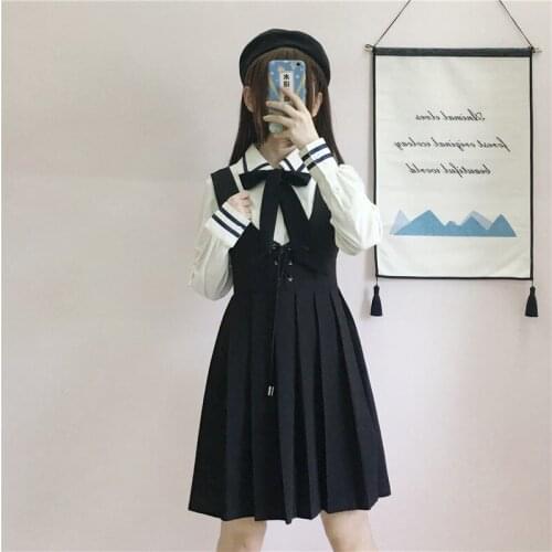 Japanese College JK Uniforms Long-Sleeved Shirt Pleated Suspender Dress Two-Piece Suit Female school girl uniform