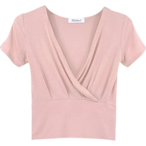 2021 summer new style careful machine sexy wild cross deep V-neck skinny short-sleeved T-shirt women