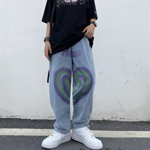 Harajuku INS Net Red Love Graffiti Print Hit Color Womens Jeans Autumn New Korean Version Of Washed Casual Loose Wide-Leg Pants