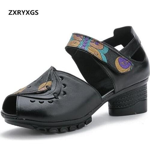 New Printing Cowhide Summer Shoes Women Leather Sandals 2020 Famous Summer Shoes Thick Heel Shoes Woman Sandals Fashion Sandals