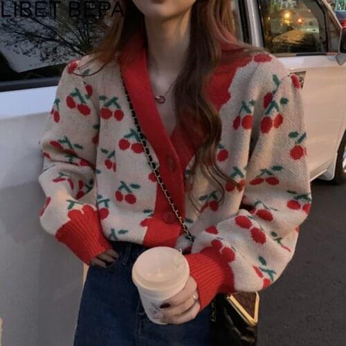 New 2021 Womens Autumn Winter Sweaters V-Neck Buttons Short Cardigan Oversize Cherry Vintage Korean Elegant Lady Tops SWC1349JX