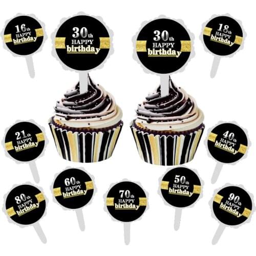 ZLJQ Happy Birthday Cake Toppers 6pcs Black 16 18 21 30 40 50 60 70 80th Years Old Gift Stickers Birthday Party Decoration Adult