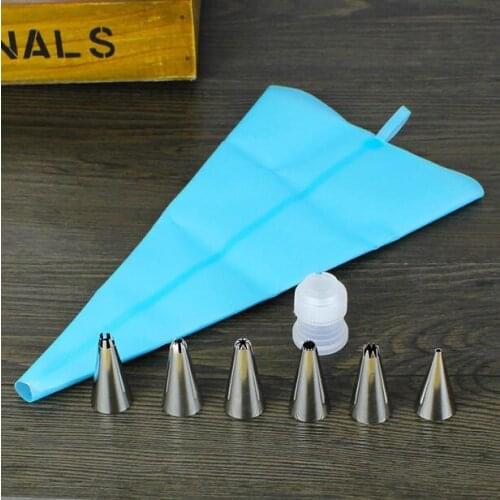 Hot New 1x Length Silicone Icing Piping Cream Pastry Bag + 6x Stainless Steel Nozzle Set Cake Decorating Tool