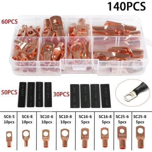 140PCS Assorted Copper Rings Lug Terminal Wire Bare Crimp Connectors Heat Shrink Tubings Welding Accessories Kit