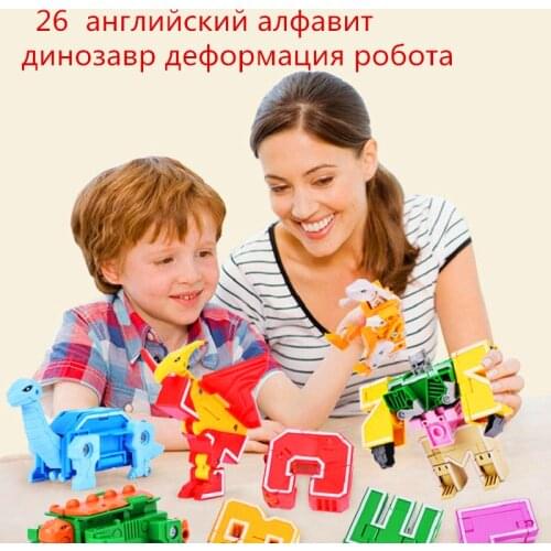 26English Letters Transformer dinosaur/Animal build into big robot Creative learning Action Figure Building Blocks for kids Gift