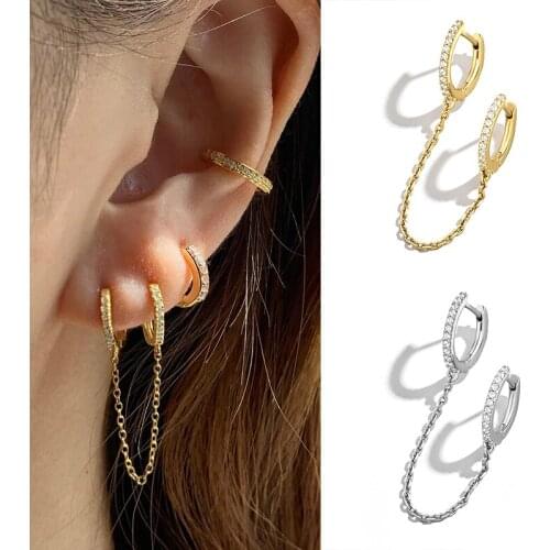 925 Silver Ear Buckle Clear Zircon Chain Huggies 2021 Two Circle Hoops Safety Round Rock Punk Jewelry For European fine Jewels