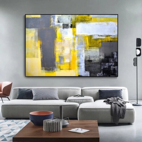 Modern Style Abstract Paint Yellow Grey and White Canvas Painting Print Posters Wall Art Pictures for Living Room Decor