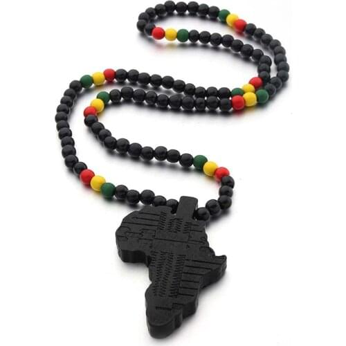 Black Wood Round Beads Handmade Elastic Africa Map Engraved DIY Necklaces Vintage African Women Party Hiphop Rock Pop Jewelry