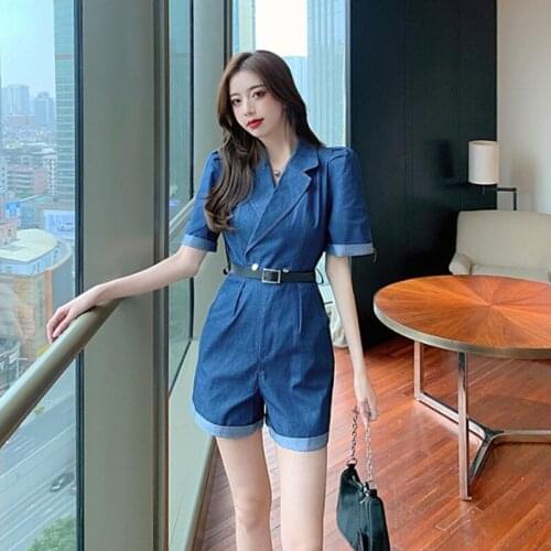 LLZACOOSH Elegant Women Summer Office Lady Notched Collar Short Sleeve High Waist Slim Ladies Denim Jumpsuits With Belt