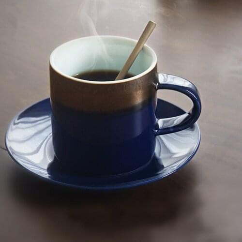 Europe style ceramic coffee mug with handgrip retro handmade porcelain deep blue gold creative pigmented cups and mugs with tray