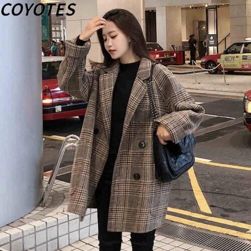 COYOTES Wool Blends Women Outwear Oversized Classic Medium-long Plaid Overcoats Womens Korean Elegant Double Breasted Coats