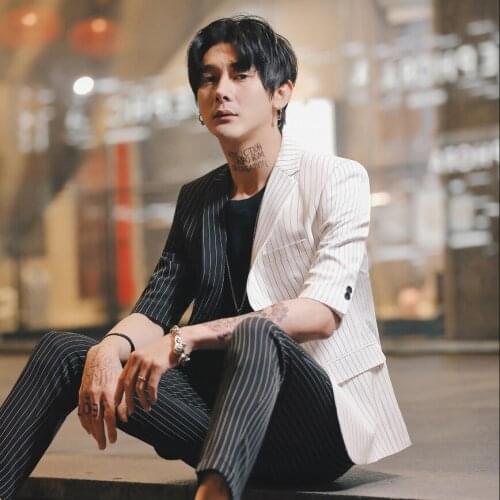 Summer Men Striped Suit Black And White Stitching Color Casual Short-sleeved Striped Personality Small Suits Singer Costumes