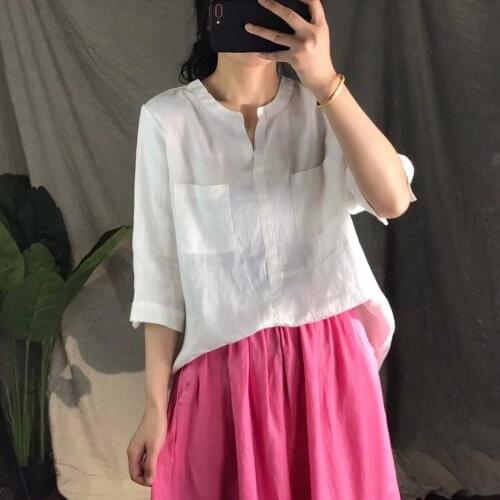 Women Loose Solid Color V Neck Linen Blouse Ladies Flax Simple Summer Shirt Tops Female 2021 Half Sleeve Blouses