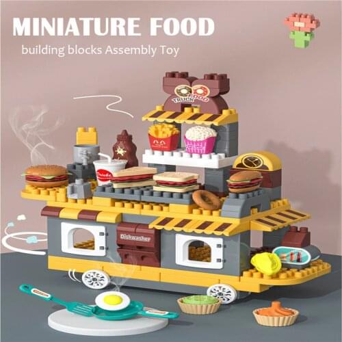 Miniature Food truck building block City street view commercial building model Montessori Constructor Games Pan set Assembly Toy