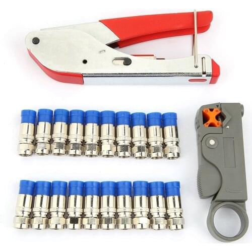 Multitool Wire Stripping Squeezing Pliers Coaxial Cable Cold Press Clamp Cable TV Crimping Tool Set with 20Pcs F Head RG6 Heads