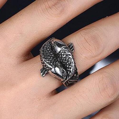 Men Carp Ring Titanium Steel Double Fish Rings For Men Jewelry Vintage Silver Color Ring Jewellery Anel Anillos LJ1430