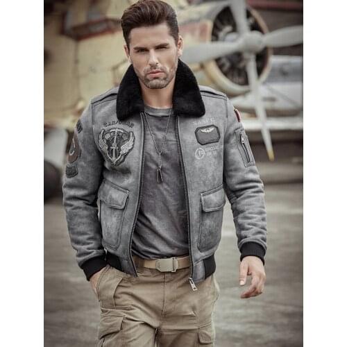2019 New B6 Mens Sheepskin Shearling Jacket Flight Jacket Mens Leather Jacket Fur Coat Embroidered Aviator Mens Winter Coats