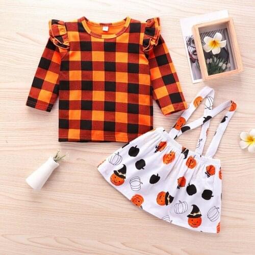 New Halloween Girls Clothes Set Casual Toddler Kids Girls Grid Tops Pumpkin Skirt Headband Outfits Set Kids Clothes