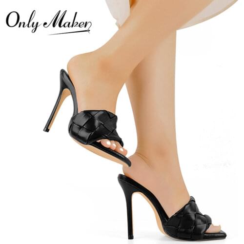 Onlymaker Womens Stiletto Slip On Square Open Toe Weave Mule Classic Sandal Heeled Slides High Heels Classic Daily Dress