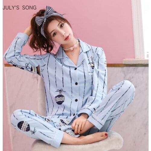 JULYS SONG 2 PCS Cotton Sleepwear Set Female Pink Striped Long Sleeve Homewear Casual Turn-down Collar Spring Women Pajamas Set
