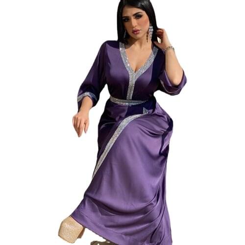 Satin Maxi Dress Jalabiya Women Middle East Diamond V Neck Long Sleeve Tie Waist Muslim Islamic Clothes Abaya Turkey Dubai 2021