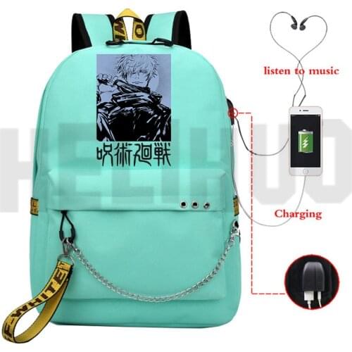 Sac A Dos Softback Jujutsu Kaisen Backpack with Chains Zipper Bookbag USB Charging Backpack Kawaii School Bags for Teenage Girls