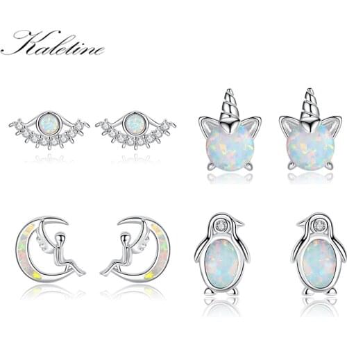 KALETINE Opal Stud Earrings Angel Wings Penguin Unicorn 925 Sterling Silver Opal Earrings Moon For Women Jewelry Wedding Gift