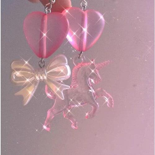 Cute earrings ins sweet mandarin duck pink unicorn earrings European&American long pendant bow ear clip womens earring