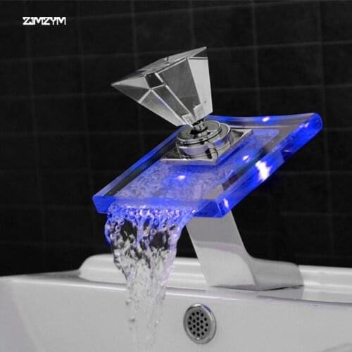 Hot and cold water copper crystal Glass Waterfall Basin Faucet LED Color Changing Bathroom Battery Mixer Tap Chrome Finish