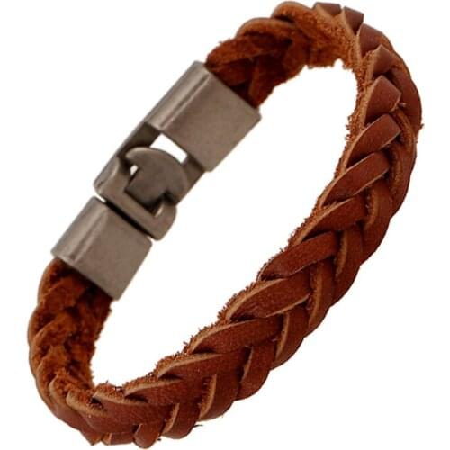 Handmade H-grade Casual Vintage Woven Punk Alloy Cuff Brown Genuine Leather Men Bracelets For Women Homme Femme Men Jewelry