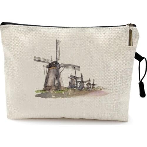 Watercolor Famous Scenic Spot Windmill Meseum Print Women Ladies Makeup Bag Travel Toiletries Cosmetic Bag Portable Pouch Beach
