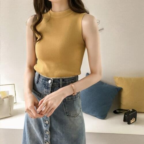 Womens New Summer Slim Tank Tops Fashion Half Turtleneck Sleeveless Solid Color Knitted Tanks Female Sexy All Match Basic Tees