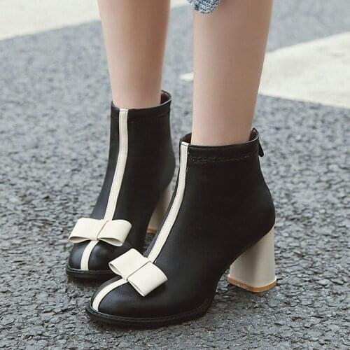 Japanese Korean Style Cute Female Ankle Boots 7CM High Heeled Bow Decoration Round Lolita Ladies Short Boots Black Zipper Shoes