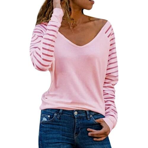 SAGACE Women Spring Fashion Korean Style Graphic Tops 2021 V-Neck Stripe Loose Printed Patchwork Long Blouse Tops Pullover