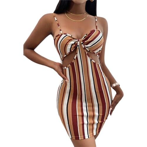 Women Spaghetti Strap Dress Stripes Print Sexy Deep V-neck Hollow Out Sleeveless Backless Summer Beach Party Club Clothing