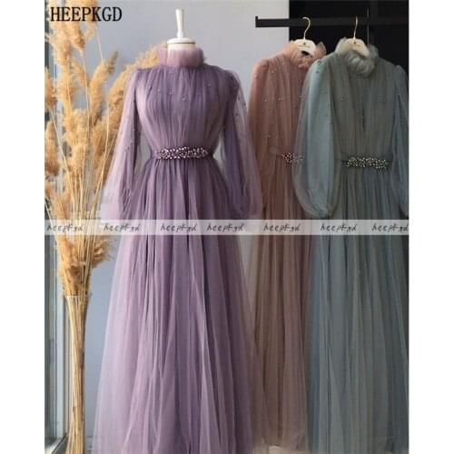 Elegant Lavender Long Evening Dress High Neck Pearl Tulle Plus Size Formal Dresses With Long Sleeves Plus Size Women Party Gown