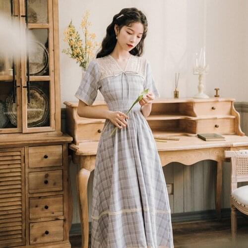 Womens Dress Vintage 2020 New Summer Gentle Plaid Dress Korean Style Lace Stitching Bowknot V-Neck Sweet Girl A Line Vestidos
