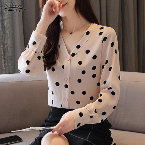 2021 V-neck Polka Dot Chiffon Shirt Tops Women Autumn Office Lady Long Sleeve Button Cardigan Women Blouse Blusas Mujer 10781