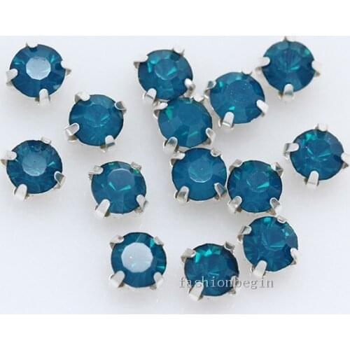 3/4/5/6mm blue opal Sew on Round crystal glass Rhinestone jewel Silver Base 4-hole sewing stone button for DIY clothes shoes bag