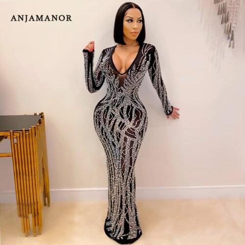 ANJAMANOR Sexy Deep V Long Sleeve Dresses Rhinestone Mesh Black Bodycon Maxi Dress Club Birthday Party Dress for Women D42-HE49