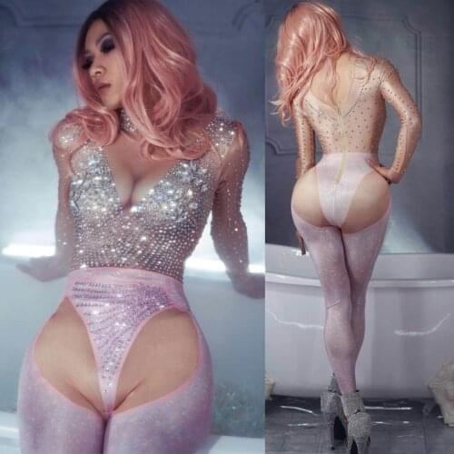 Sparkly Rhinestones Skinny Jumpsuit Crystal Rompers Sexy Ladies Nightclub Party Stage Wear Female Singer Concert Bodysuit DT520