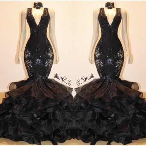 Black Mermaid Prom Formal Dresses 2020 Sparkly Lace Sequins Ruffles Layered Skirt Sexy V-neck Trumpet Evening Gowns Vestidos De