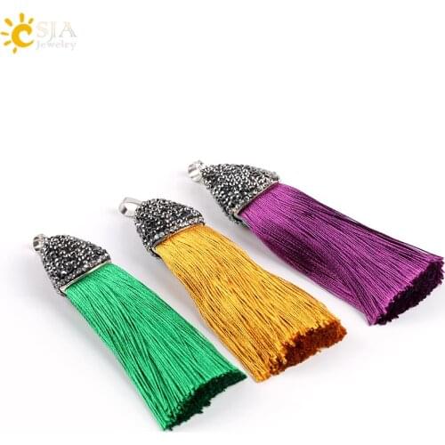 CSJA Red Colorful Black Silk Satin Tassel Charms for DIY Necklace Pendant Earring Rhinestone Cap Jewelry Accessories Making E631